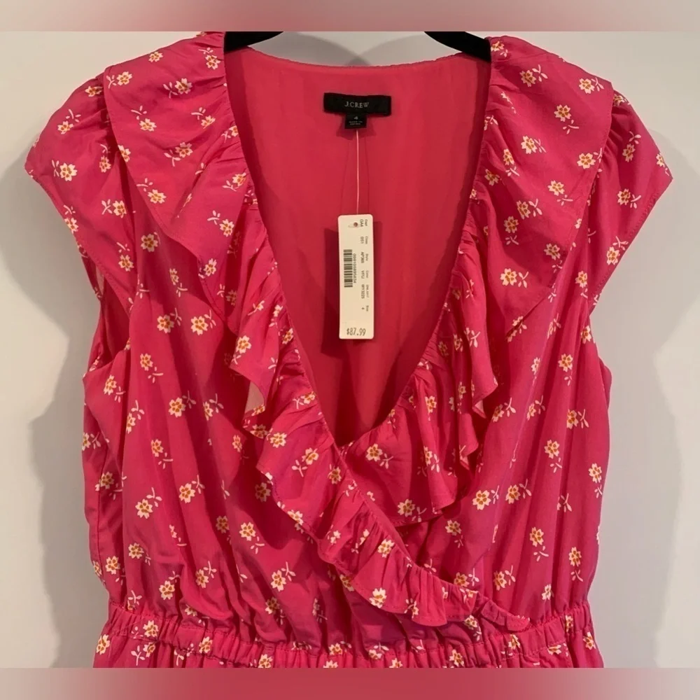 NWT, J. Crew Faux Wrap, Knee Length Dress in Fuchsia w/ Floral Pattern, Size 4 - Picture 3 of 12